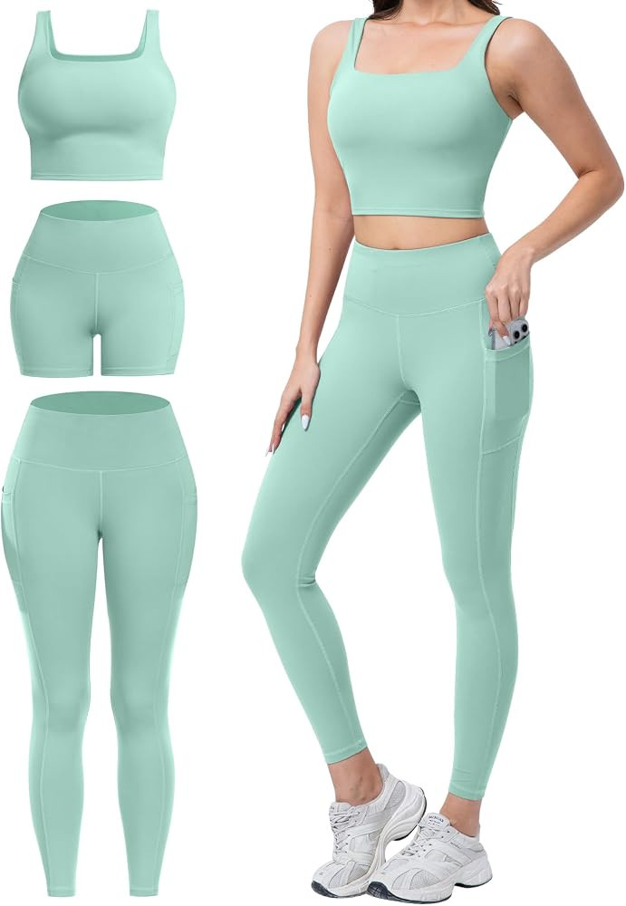 3 Piece Workout Sets for Women High Waisted Leggings with Pockets Tummy Control Biker Shorts Yoga... | Amazon (US)