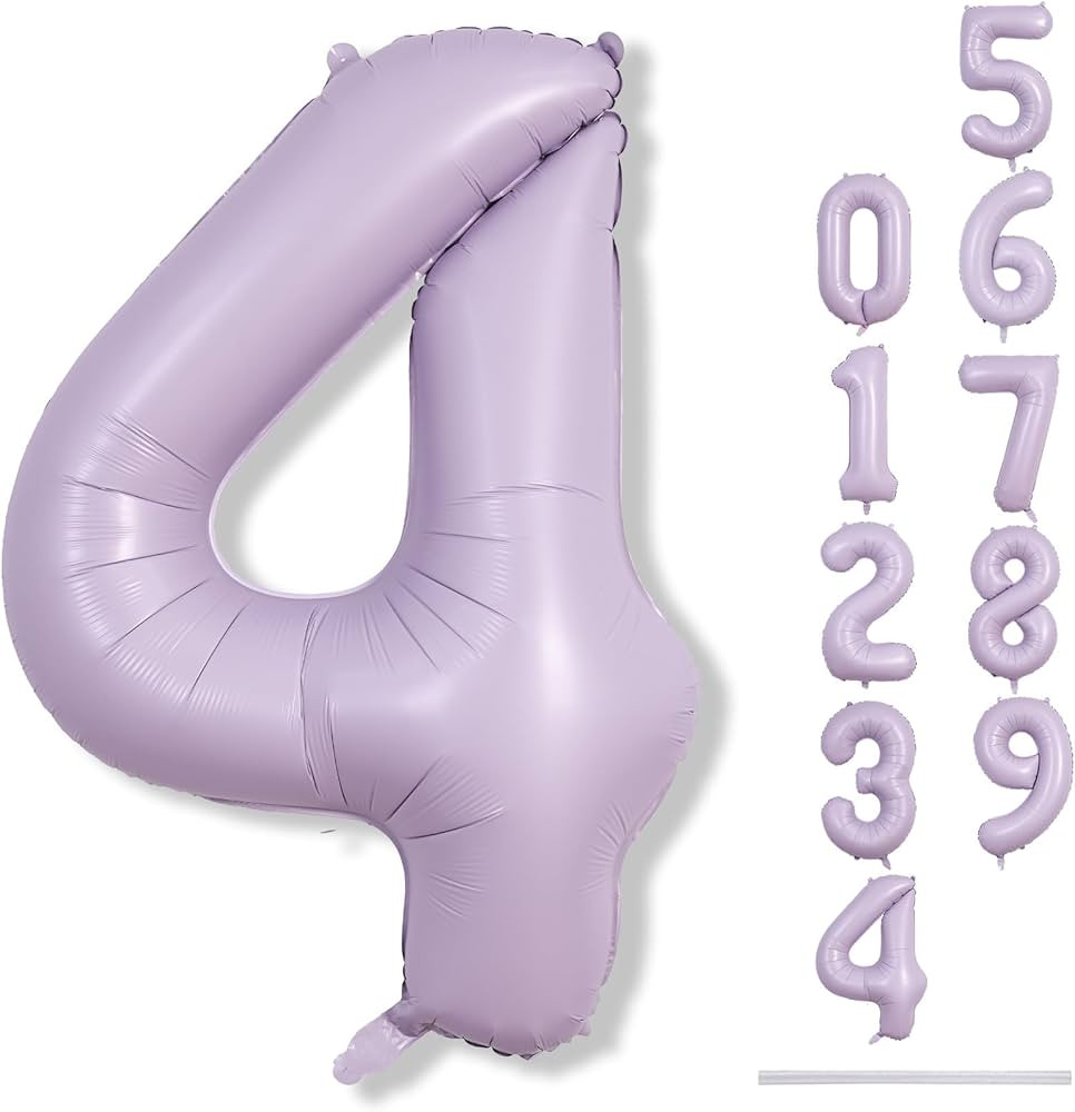 Light Purple Number 4 Balloons, 40 In Large Pastel Purple Number 4 Mylar Foil Helium Balloons for... | Amazon (US)