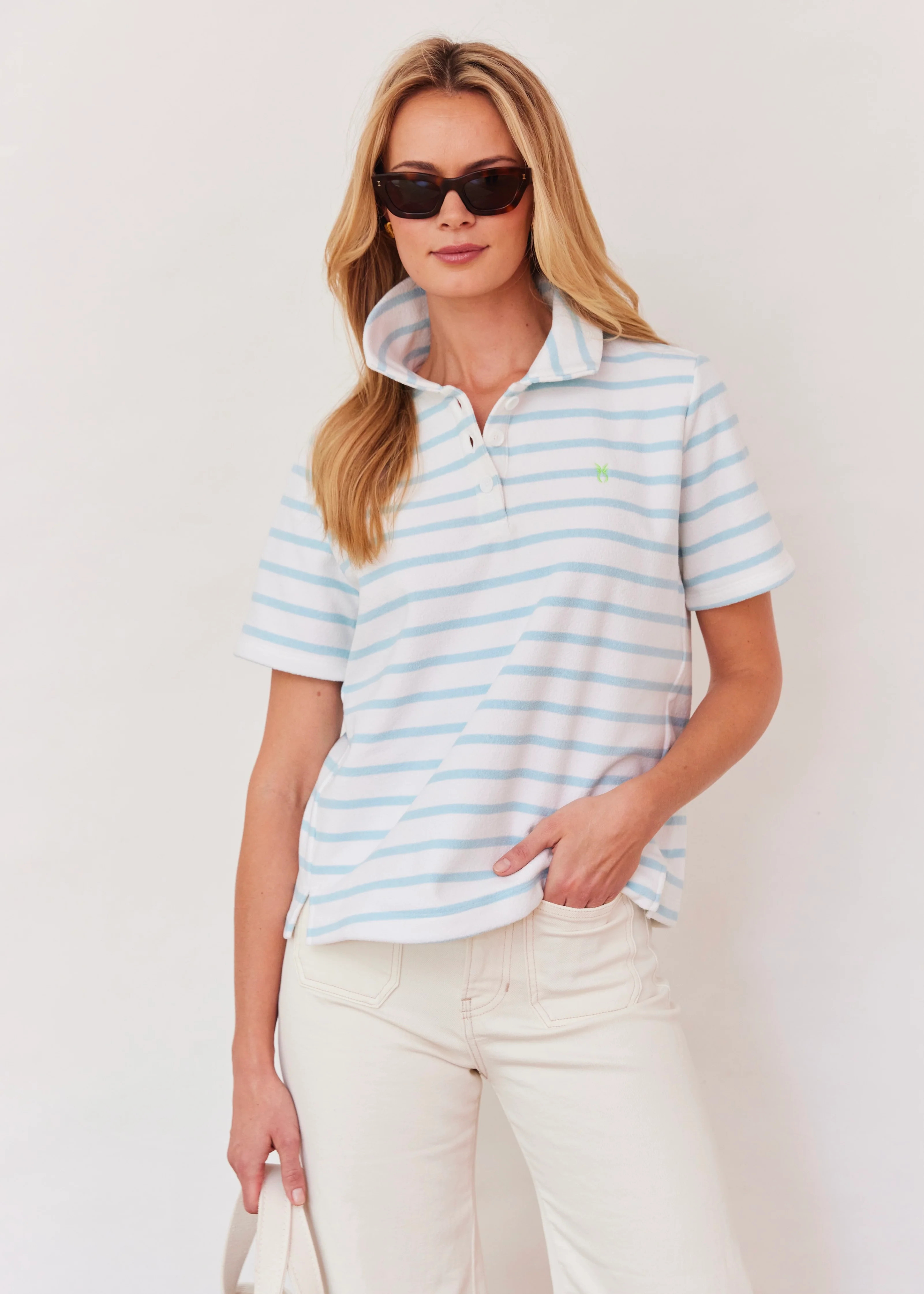 Kit Polo in Terry Fleece (Crystal Blue/White Mariner Stripe) | Dudley Stephens