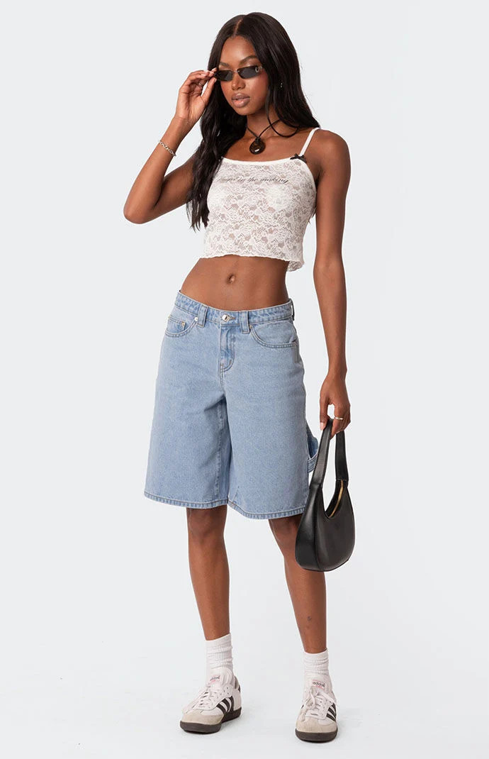 Edikted Women's Low Rise Bermuda Denim Carpenter Shorts in Light Blue - Size Small | PacSun