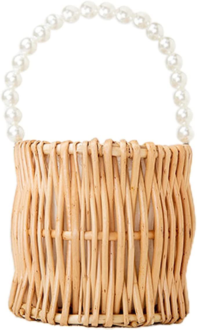DEDEMCO Woven Rattan Storage Basket with Pearl Handles,Wedding Flower Girl Baskets,Straw Beach Ba... | Amazon (US)