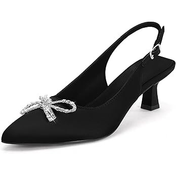 Coutgo Womens Slingback Kitten Heels Rhinestone Bow Pointed Toe Satin Wedding Dress Pumps Shoes | Amazon (US)