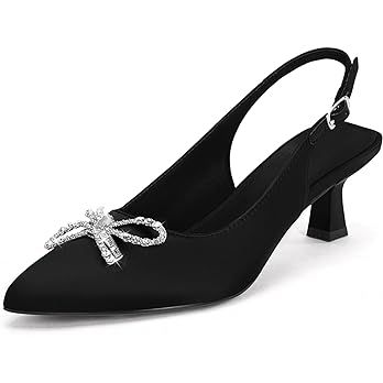 Coutgo Womens Slingback Kitten Heels Rhinestone Bow Pointed Toe Satin Wedding Dress Pumps Shoes | Amazon (US)