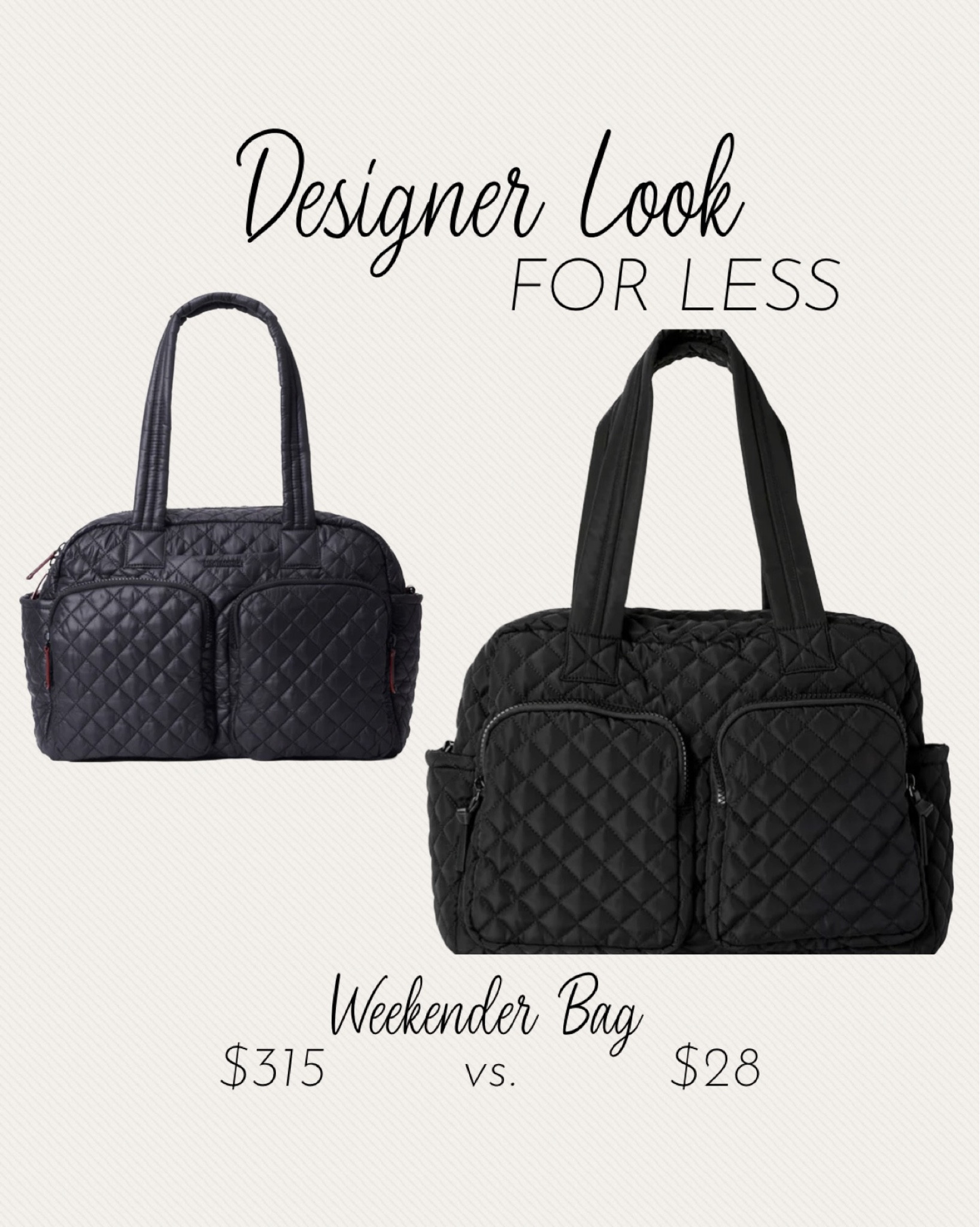 This Designer Look for Less is my FAVORITE Weekender bag!! It looks so close to the MZ Wallace bag & is a fraction of the price! Two front zipper pockets, 2 side pockets, back pocket & a sleeve for a roller bag. Very well made! These have been go-to gift ideas!

Designer Look for less bag
Weekend bag
Weekender bag
Quilted travel bag
Carry-on bag
Black travel bag
Overnight bag
Travel
Beach
Resort ready 
Walmart bag 
Amazon bag
Black overnight bag
MZ Wallace bag


#LTKtravel #LTKitbag #LTKFind