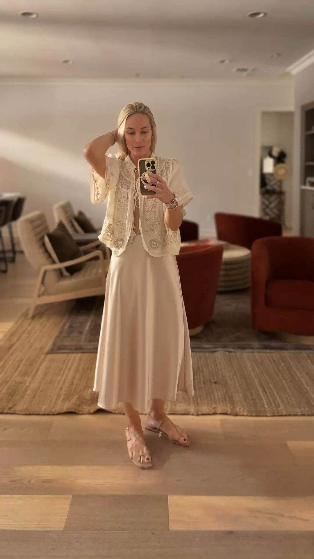 A little boho, a little romantic, all neutral. 🍨Understated, but far from boring. @Zara 
•
#summeroutfit #LaceTop #SatinMidiSkirt #NeutralOutfit #MonochromeStyle #BohoLuxe #SummerEventOutfit #ZaraInspiredStyle #RomanticTrends2025 #LTKWeddingGuestLook #Zara

#LTKU #LTKootd #LTKFestival