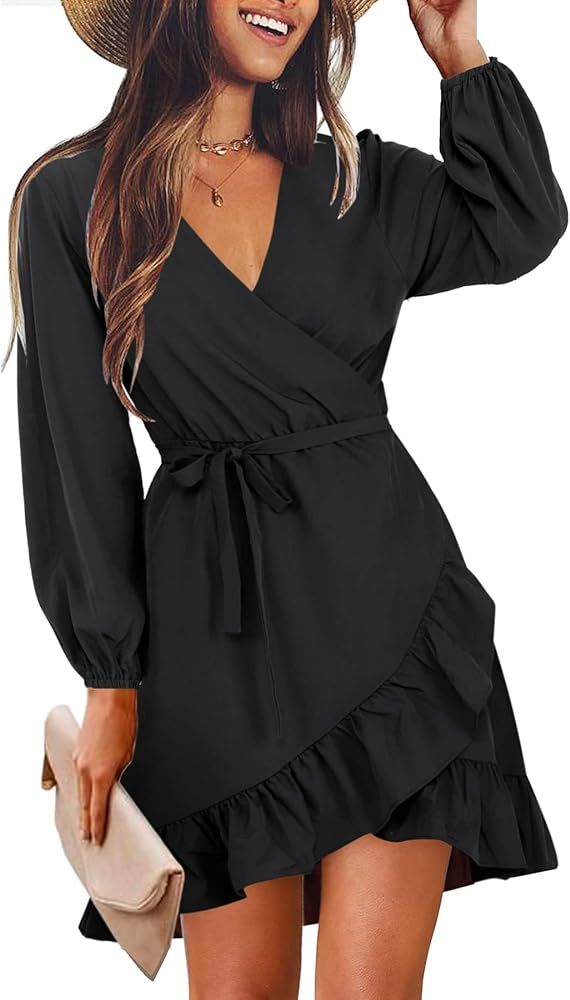 Amoretu Womens Short/Long Sleeve Dress Wrap V Neck Ruffle Hem Mini Summer Dresses | Amazon (US)
