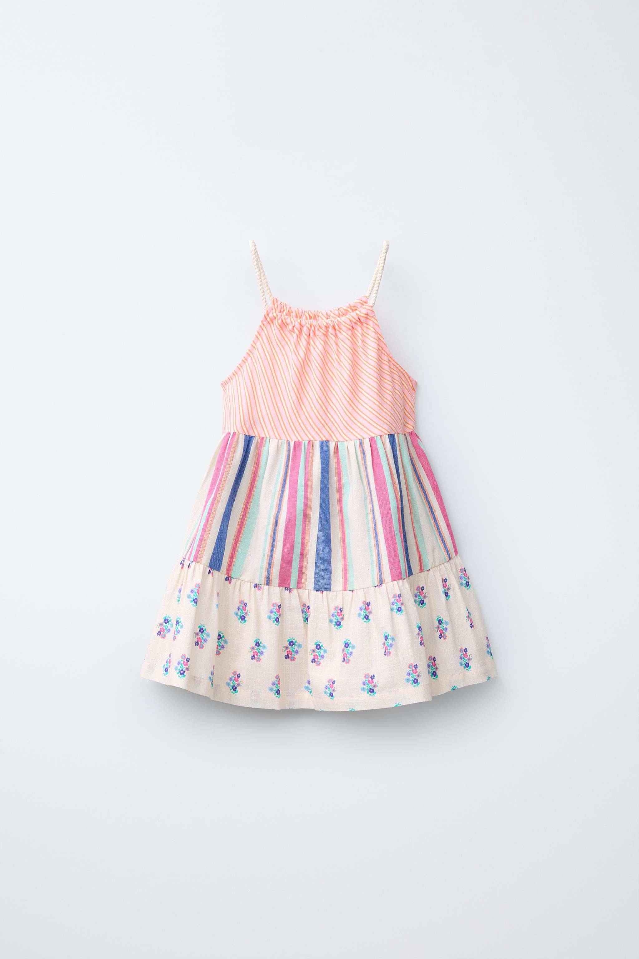 Straight neck dress with cord straps. Features floral and striped printed panels. | Zara US