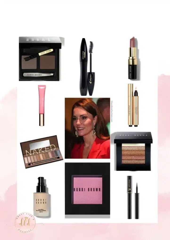 Kate Middleton’s favorite makeup products — Bobbi brown blush in pale pink, urban decay naked palette, Lancôme hypnose drama mascara, Bobbi brown loungewear foundation, Clarins lip perfector gloss in the shade rose shimmer, Lancôme artliner, Bobbi brown lipstick in sandwash pink, Yves eclat concealer, Laura mercier tinted moisturizer 