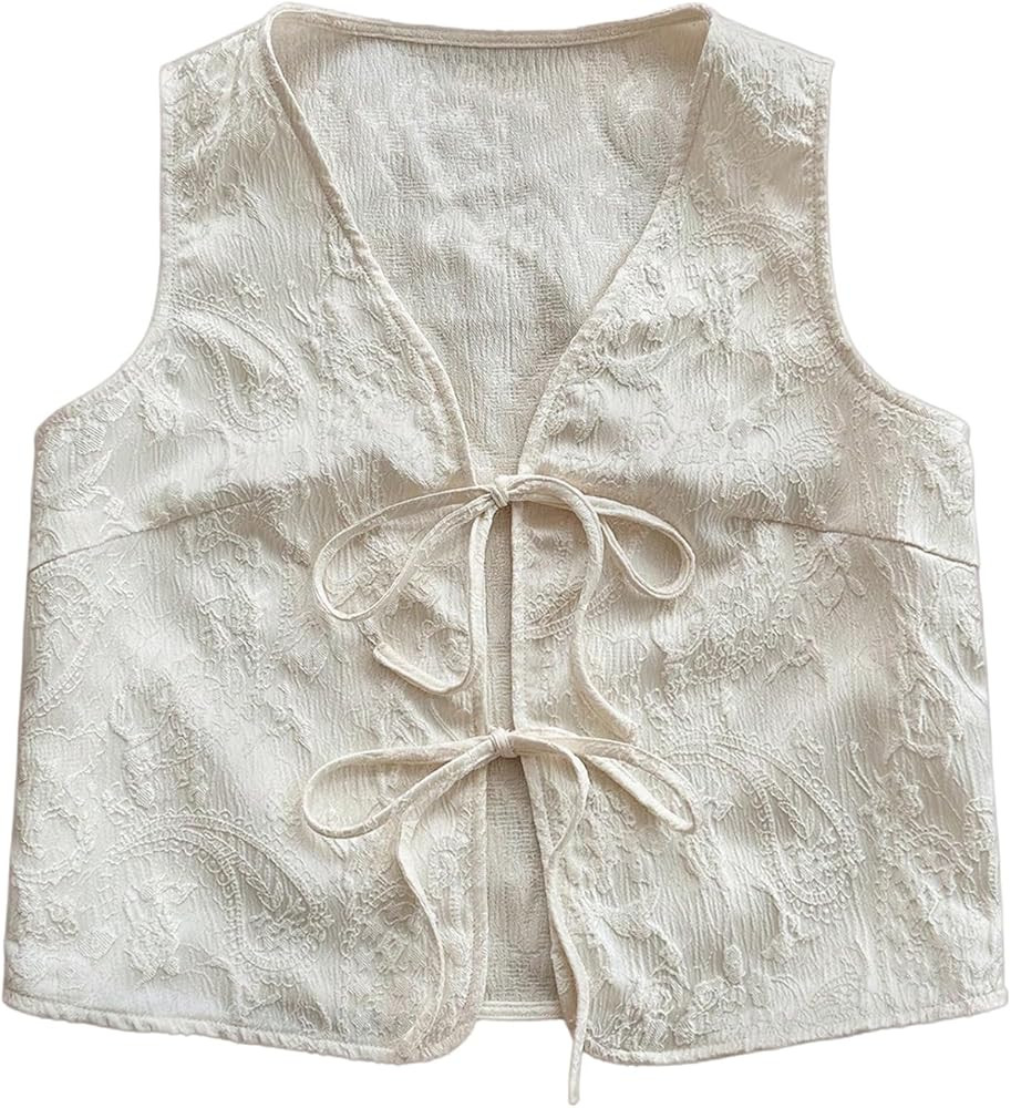Verdusa Women's Vintage Bow Tie Front Textured Tank Tops V Neck Sleeveless Tops | Amazon (US)