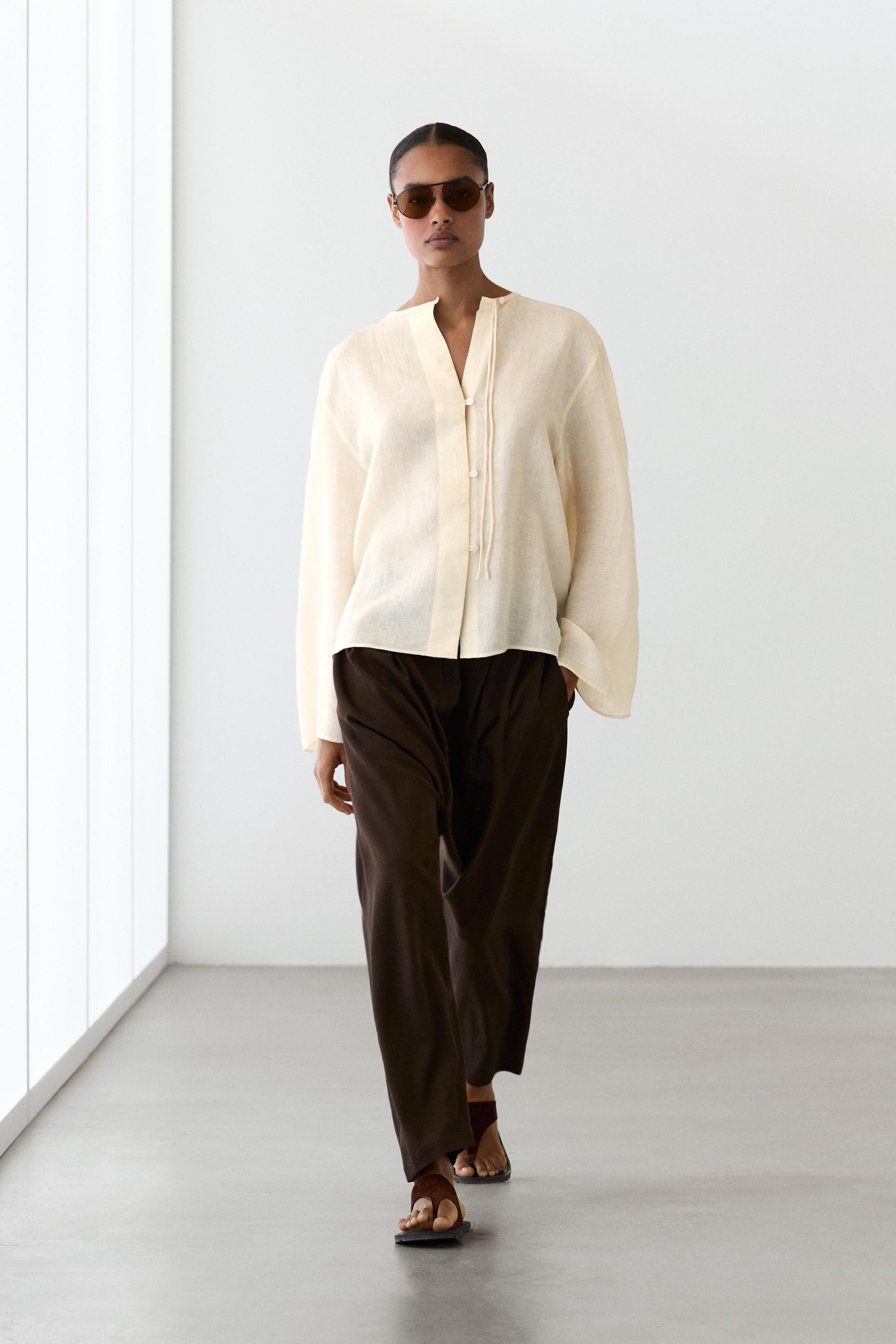 100% linen shirt with neckline detail | Massimo Dutti US