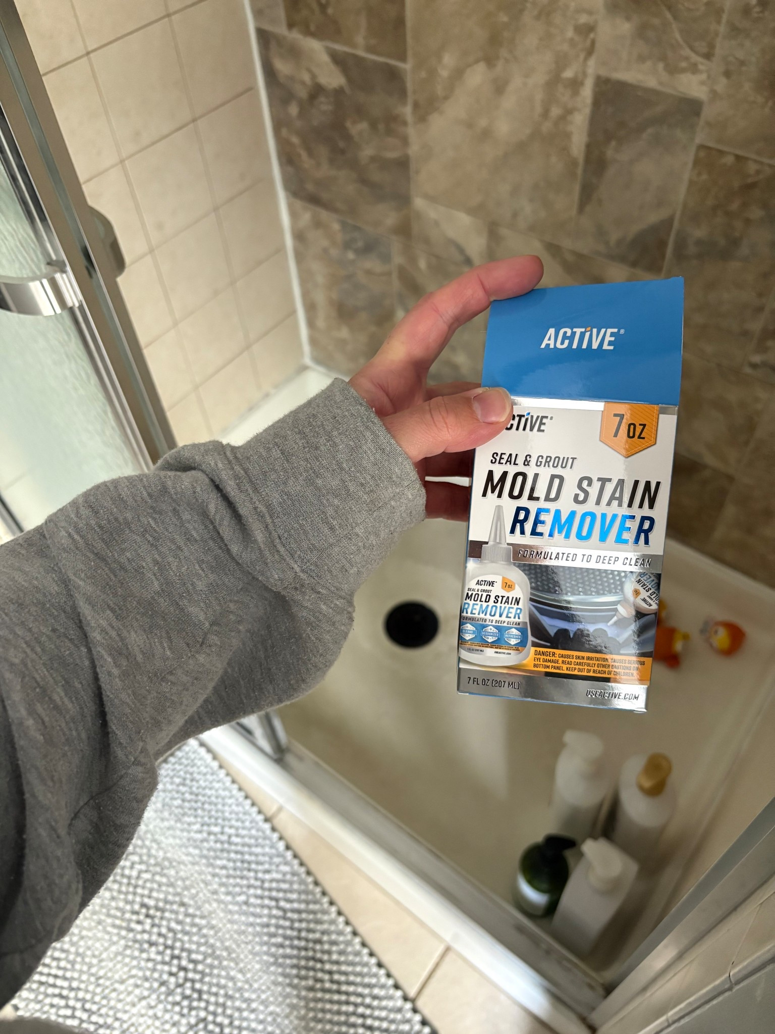 This shower REALLY needs to be remodeled (okay our whole master bathroom does) but who got the time or money these days? 

Benj gave us the landlord special, but there were quite a few stubborn mold stains that refused to budge, no matter what I hit it with. 

This stain remover was 🤌🤌🤌