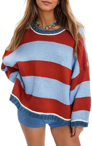 Women's Chunky Knit Striped Sweaters Casual Long Sleeve Crew Neck Oversized Pullover Sweater Wint... | Amazon (US)