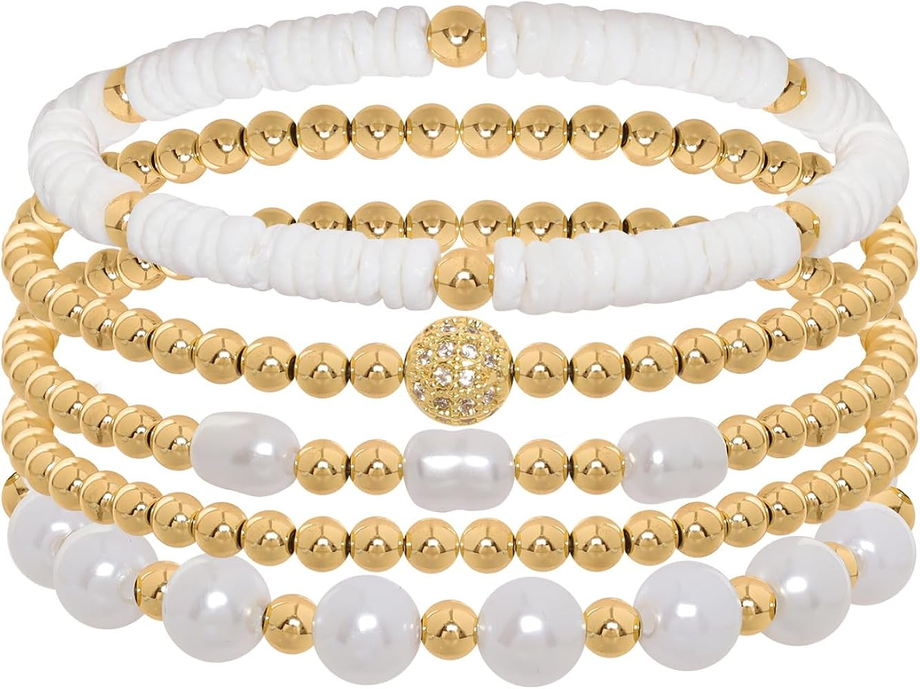 5pcs Gold Bracelet Set for Women Stackable Bead Bracelets with Simulated Pearl Dainty Trendy Desi... | Amazon (US)