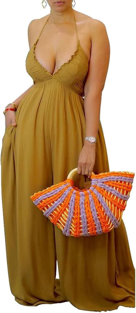 Aro Lora Womens Sexy V Neck Halter Tie Knot Ruched One Piece Wide Leg Pant Jumpsuit Romper | Amazon (US)