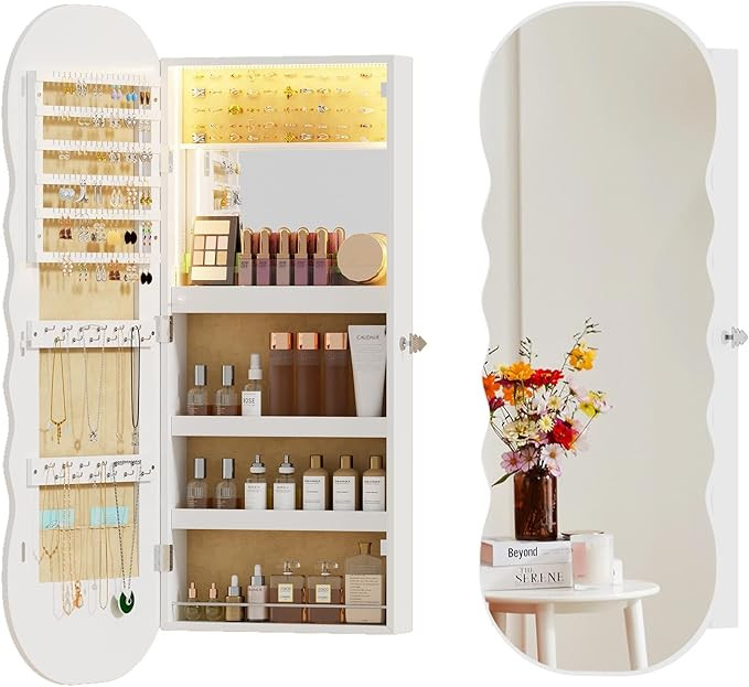 Lvifur Jewelry Armoires with LED Lights, Hanging Jewelry Storage Cabinet Lockable Wavy Mirror Jew... | Amazon (US)