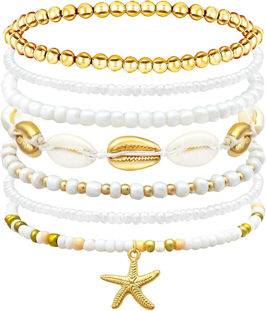 Shell Summer Beach Bracelets for Women Seashell Bracelets Boho Layered Beaded Bracelets Set Starf... | Amazon (US)