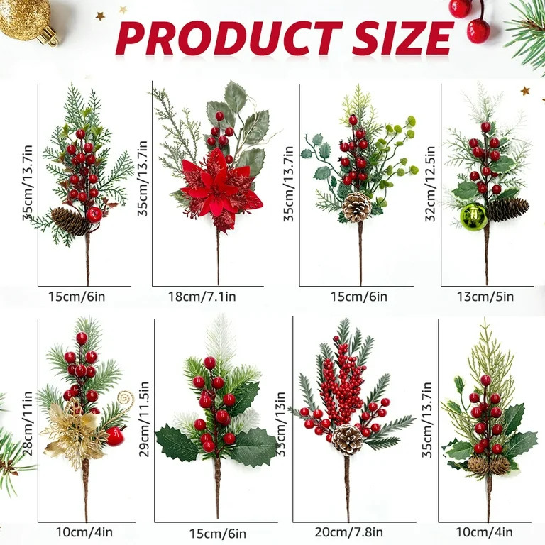 Januofit  8Pcs Artificial Christmas Picks - Assorted Red Berry Picks Stems & Faux Pine Picks Spra... | Walmart (US)