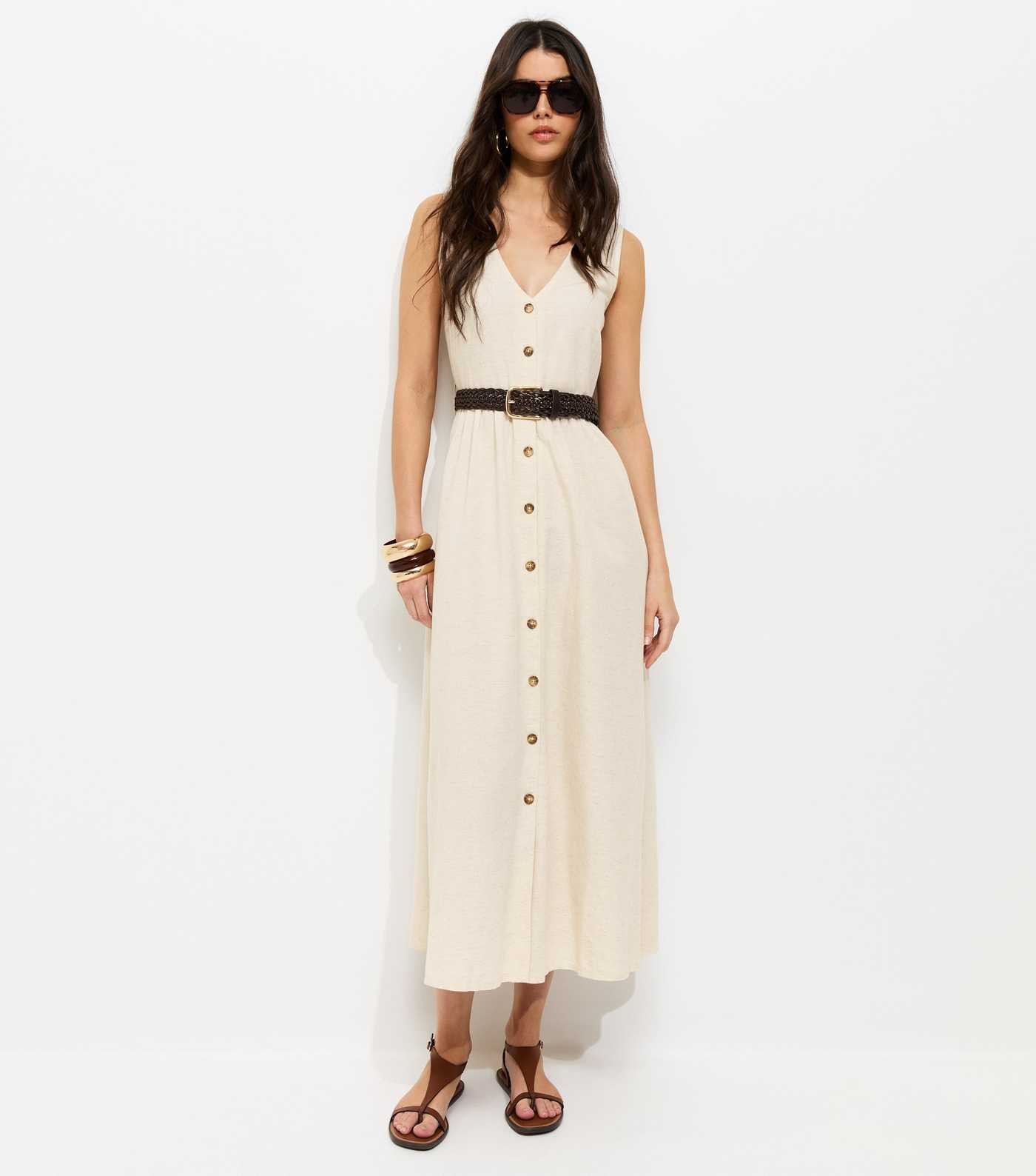 Stone Sleeveless Button Through Midi Dress | New Look | New Look (UK)
