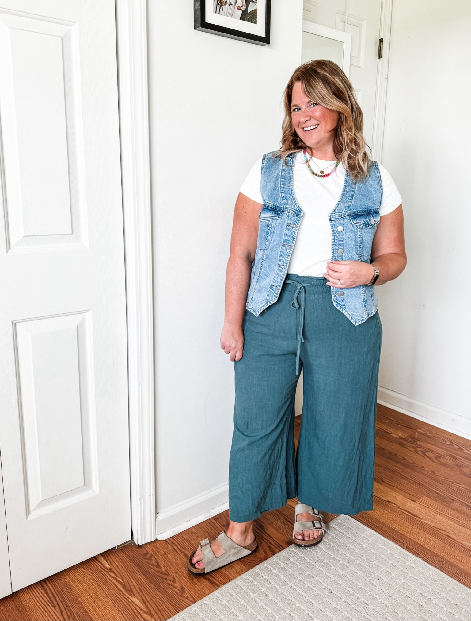 Easy teacher outfit! Denim vest, basic tee, and wide leg linen pants. 

Pants - XXL (size up)
Tee and vest (XL - could wear a large too but like the extra room)#LTKBacktoSchool

#LTKMidsize #LTKWorkwear