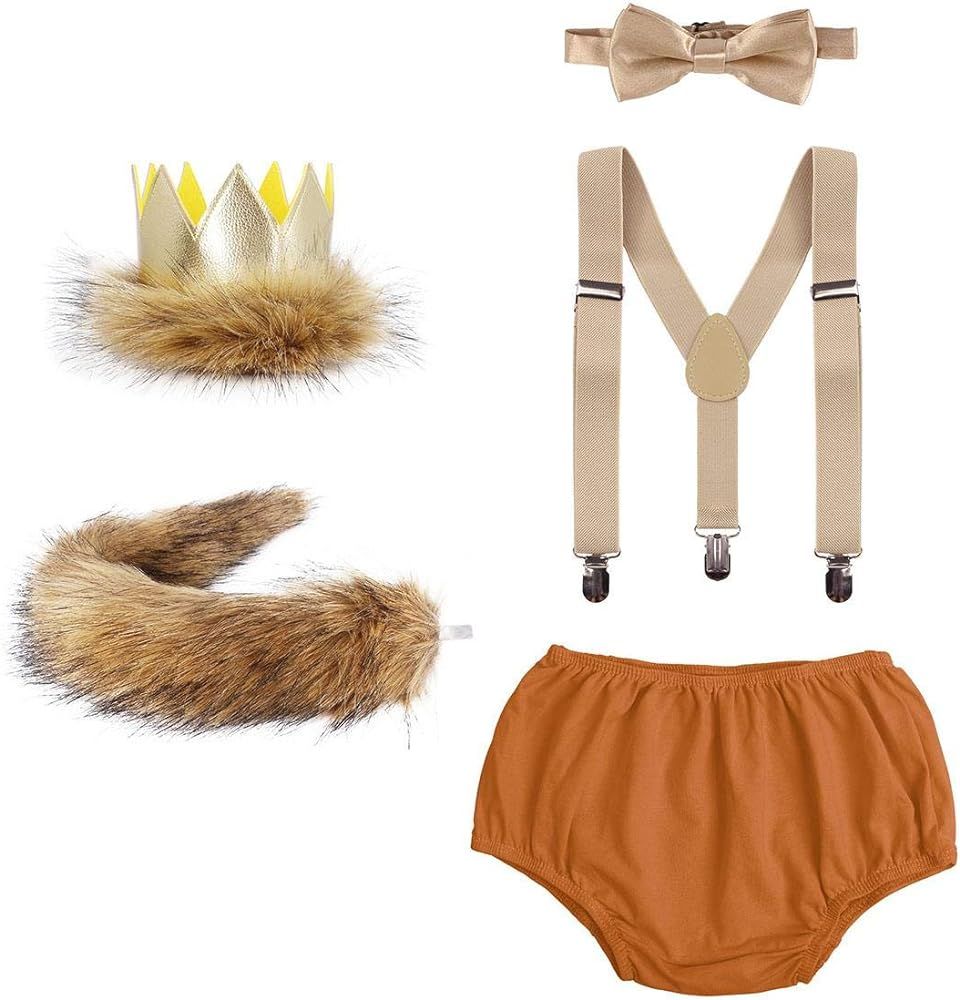 Baby Boys 1st 2nd Birthday Outfit Cake Smash Lion Bloomers Suspender Bowtie Headband Tail Costume Wi | Amazon (US)