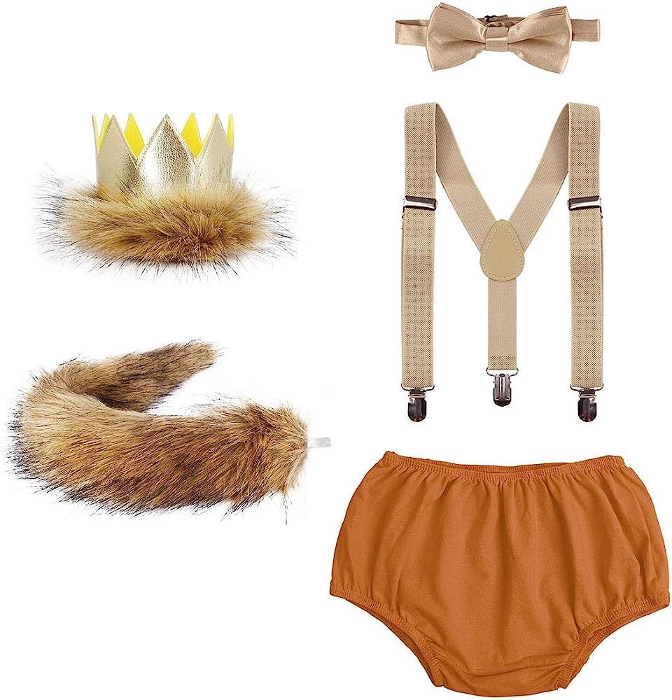 Baby Boys 1st 2nd Birthday Outfit Cake Smash Lion Bloomers Suspender Bowtie Headband Tail Costume Wi | Amazon (US)