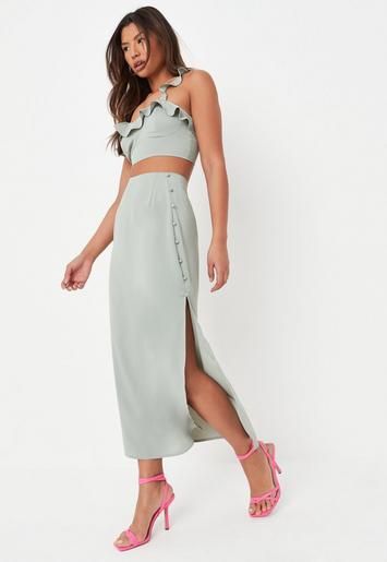 Missguided - Tall Co Ord Khaki Button Side Midi Skirt | Missguided (US & CA)