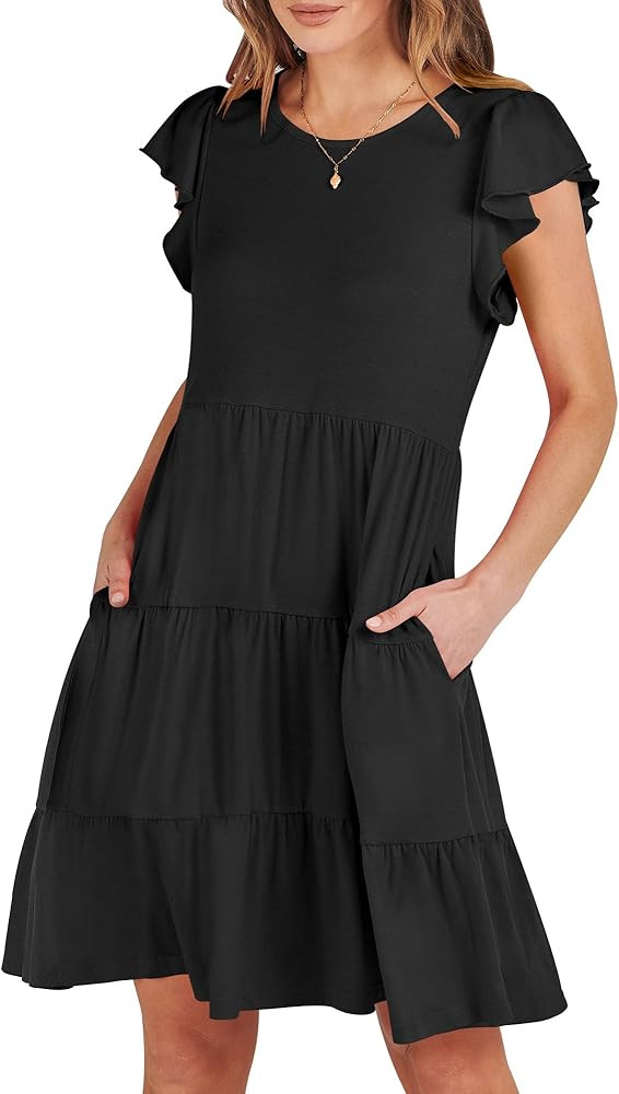 ANRABESS Women's Summer Casual Short Dresses Sleeveless Ruffle Sleeve Round Neck Flowy Pleated Lo... | Amazon (US)