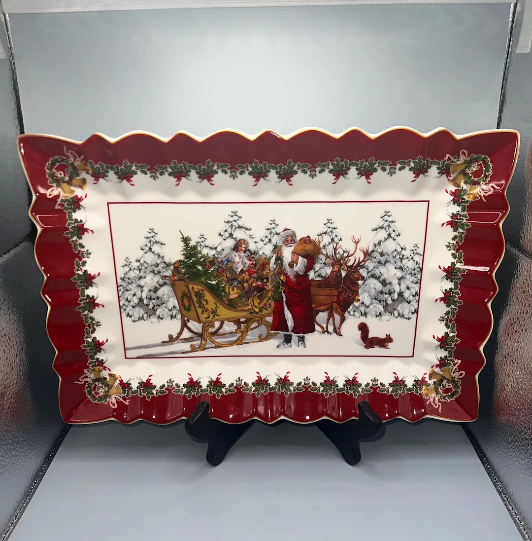 Vintage Villeroy & Boch Christmas Tray Victorian Santa Sleigh Red Ruffled Edge Holiday Decorative... | Etsy (US)