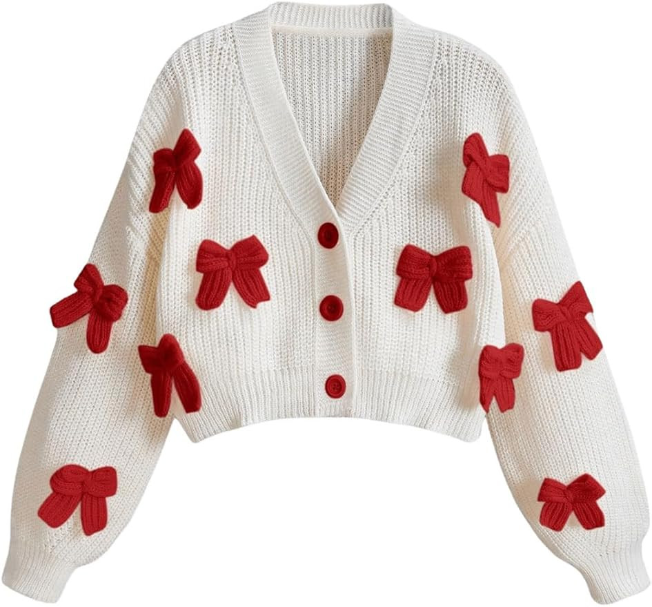 GORGLITTER Women's Cute Bow Cardigan Sweater Long Sleeve V Neck Button Down Pullover Top | Amazon (US)