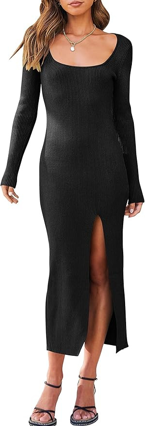 ANRABESS Women's Long Sleeve Square Neck Slit Bodycon Sweater Dress Ribbed Knit Slim Fit Maxi Lon... | Amazon (US)