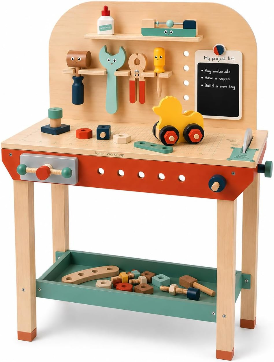 Jumini Wooden Workbench for Kids 3-7 Years | Kids Tool Bench with Real Working Vice, Chalkboard & 10 Wooden Tools | Montessori STEM Pretend Play Construction Toy | FSC Certified | Amazon (UK)