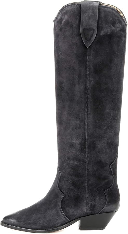 YIYA Women's Western Suede Cowboy Knee High Boots Classic Pointed Toe Chunky Low Heels Cowgirl Pu... | Amazon (US)