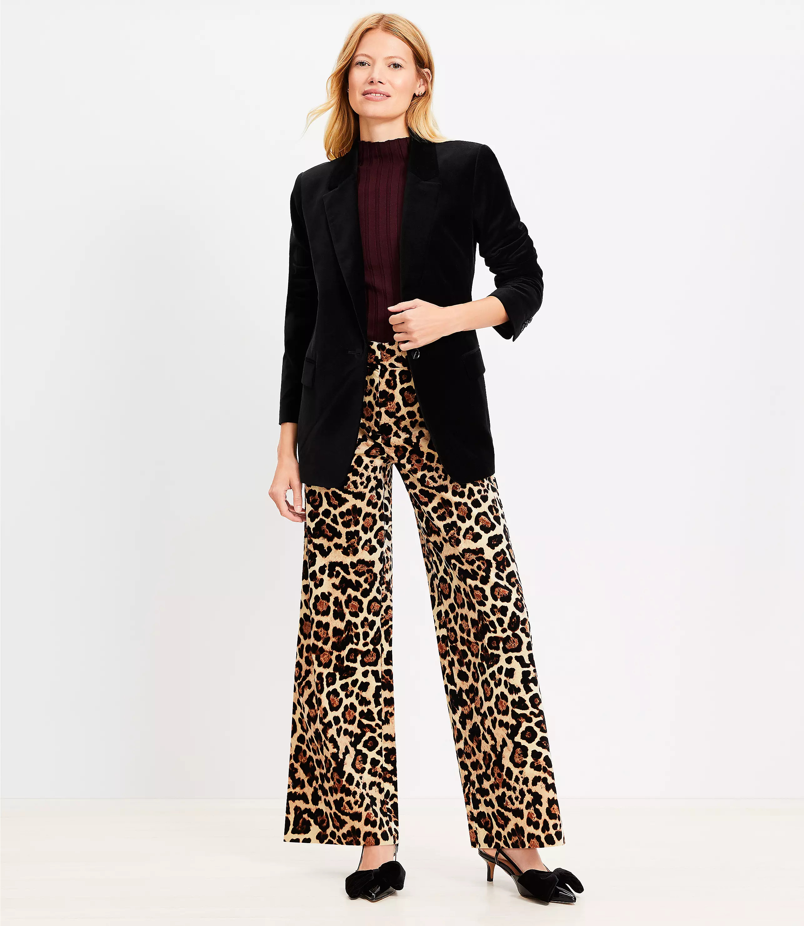 Petite Clean Wide Leg Pants in Leopard Print Velvet | LOFT