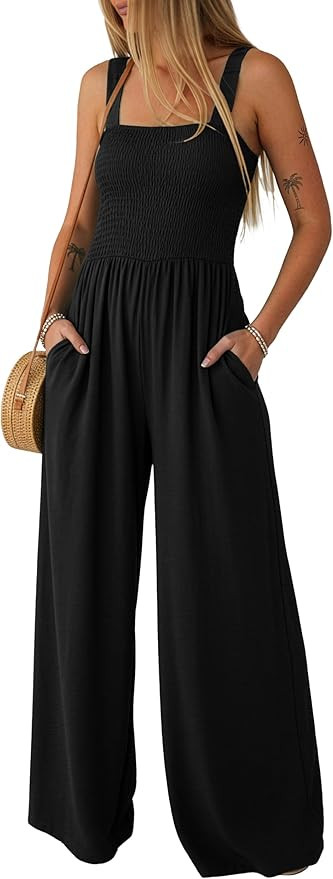 Lepunuo Jumpsuits for Women Casual One Piece Overalls Smocked Wide Leg Long Rompers With Pockets ... | Amazon (US)