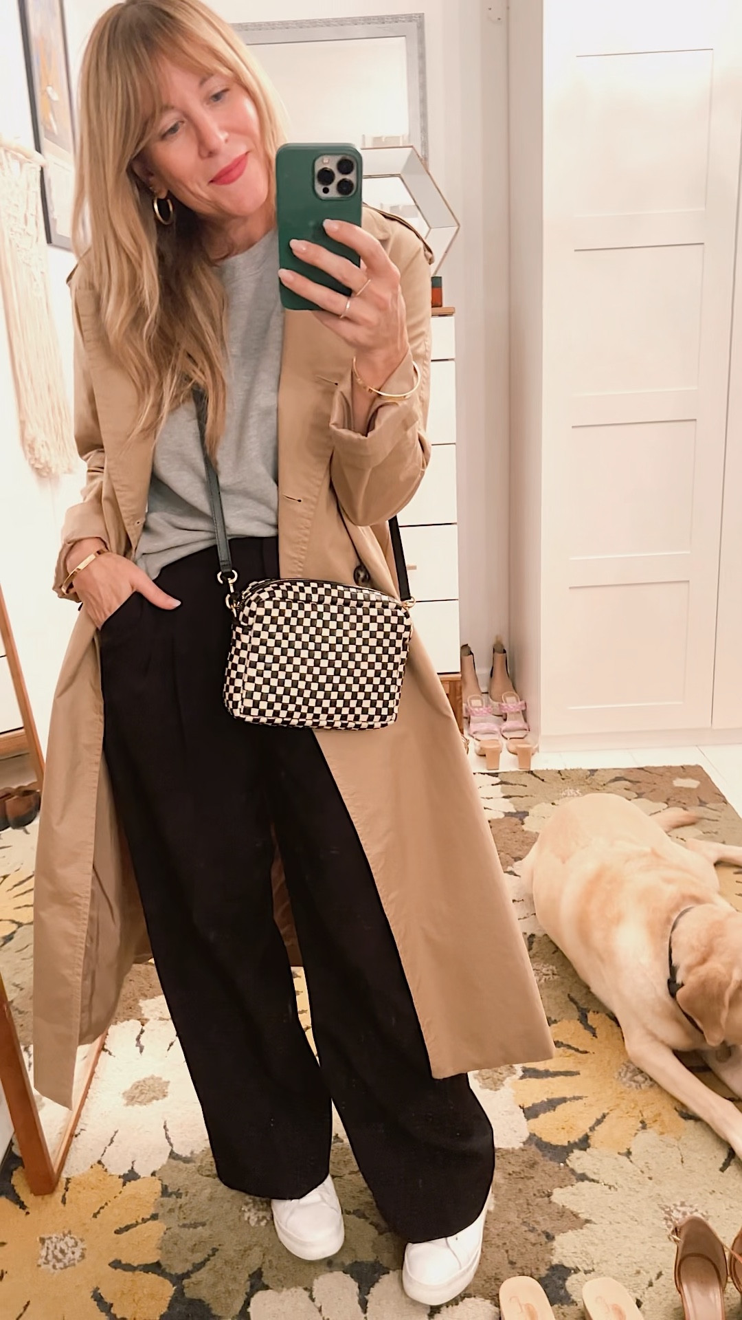 Date Night-Walked to dinner so it was all about comfort. 
Oversized, black trousers, oversized sweatshirt, white leather trainers, trench coat and a cute crossbody. 

#LTKstyletip #LTKSeasonal #LTKFind