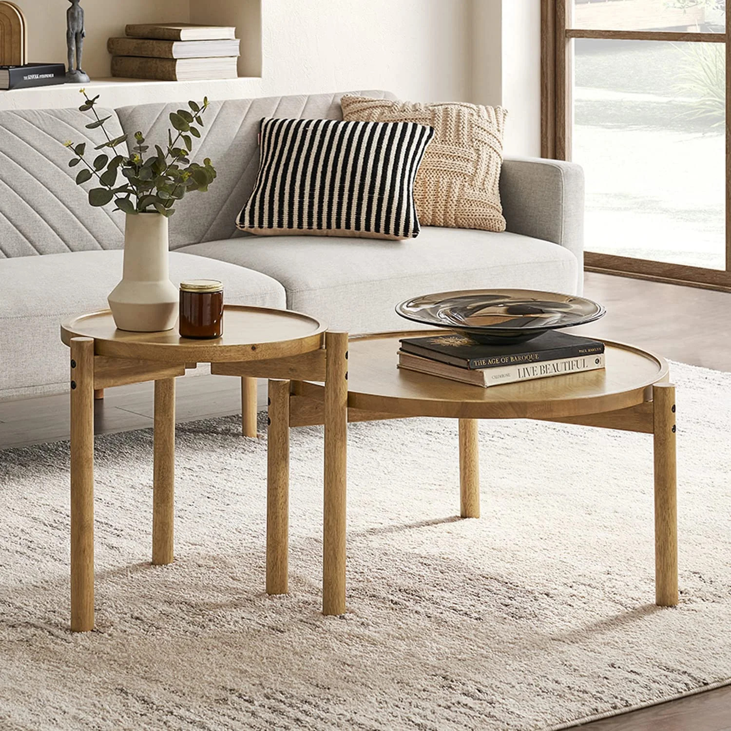 Mopio Dylan Round Modern Boho Nesting Coffee Table, Golden Brown Solid Wood - Walmart.com | Walmart (US)