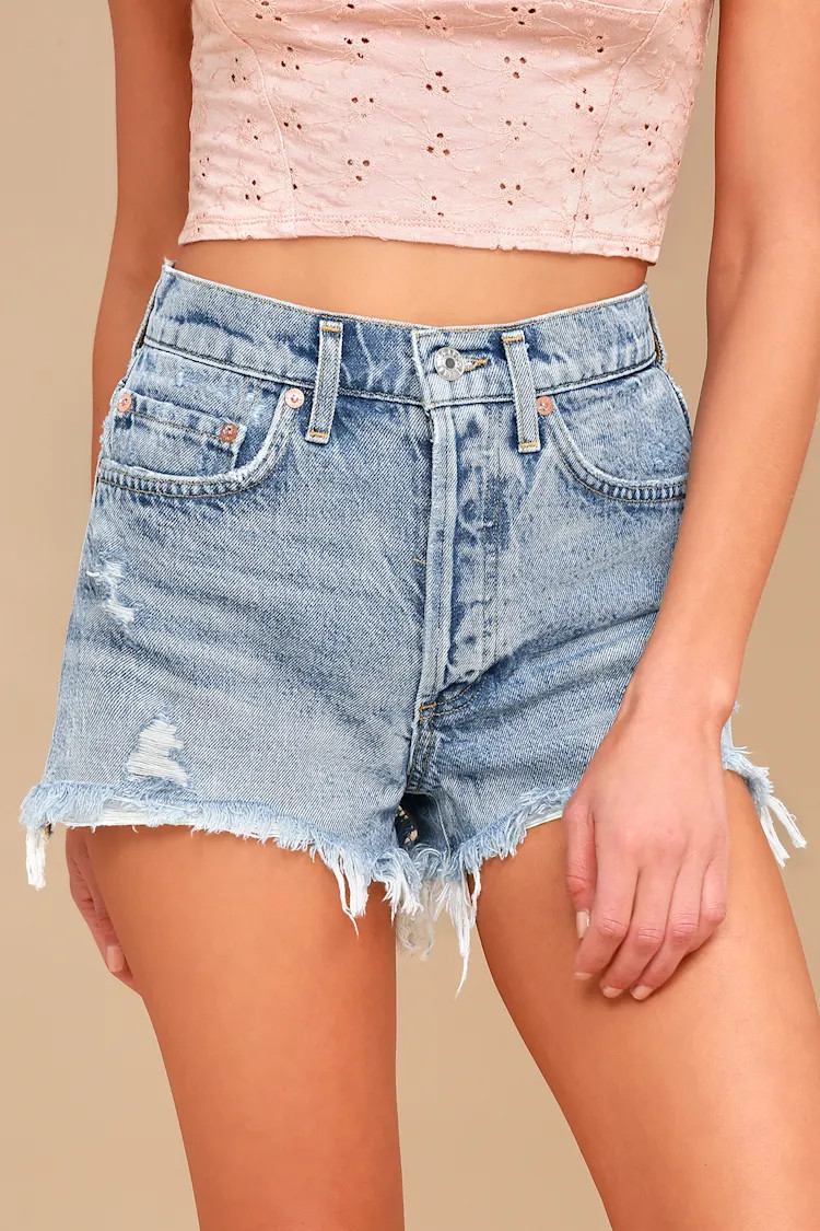 Parker Light Wash Distressed High-Waisted Shorts | Lulus (US)