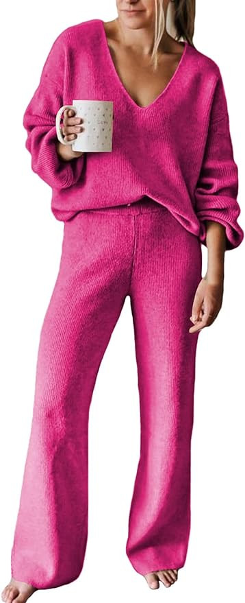 Viottiset Women's 2 Piece Outfits Casual V Neck Knit Wide Leg Sweater Lounge Set Sweatsuit | Amazon (US)