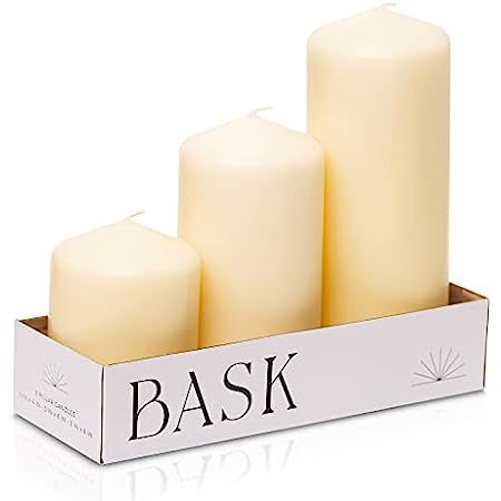 Mottled Pillar Candles by Bask - Set of 3 - 3" x 4", 6", and 8" Dripless Unscented Candles in Ivory  | Amazon (US)