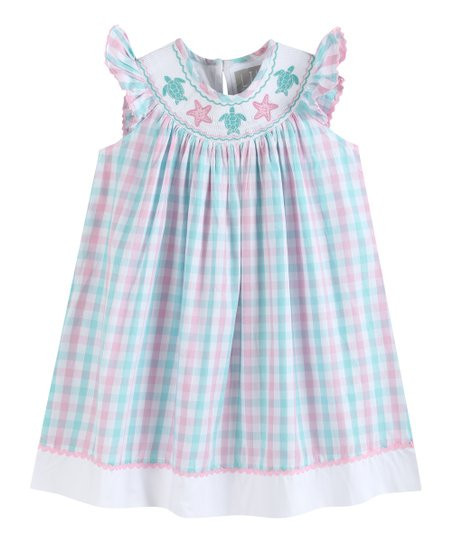 Lil Cactus Pink & Turquoise Gingham Turtle Appliqué Smocked Bishop Dress - Infant, Toddler & Gir... | Zulily