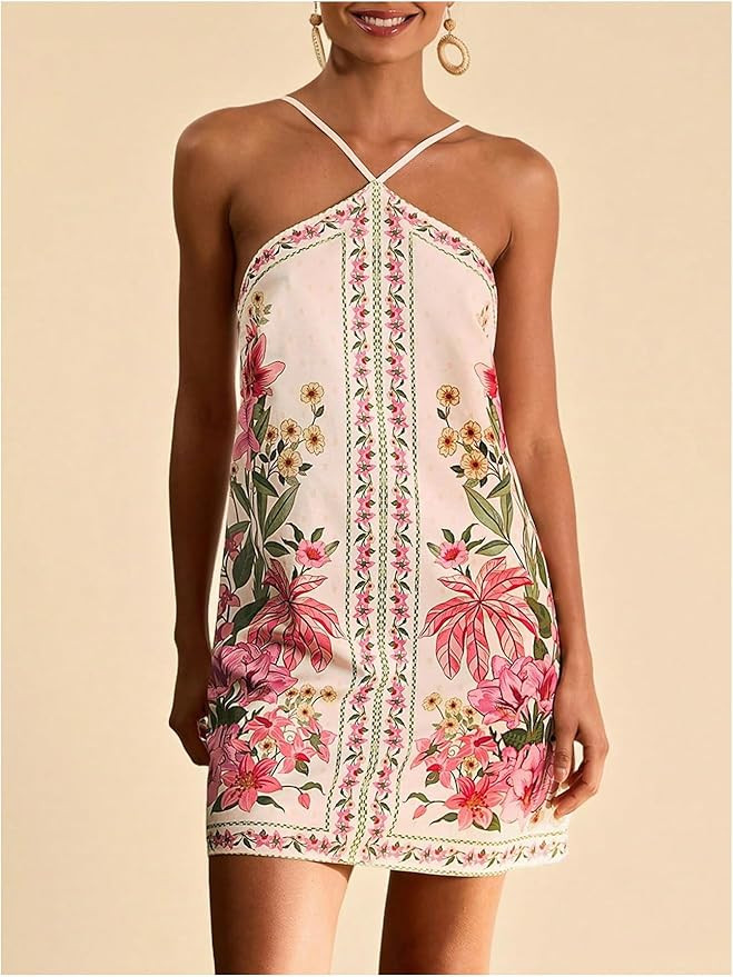 RoseSeek Women's Boho Tropical Tie Backless Halter Dresses Sleeveless Vacation Beach Short Dress | Amazon (US)