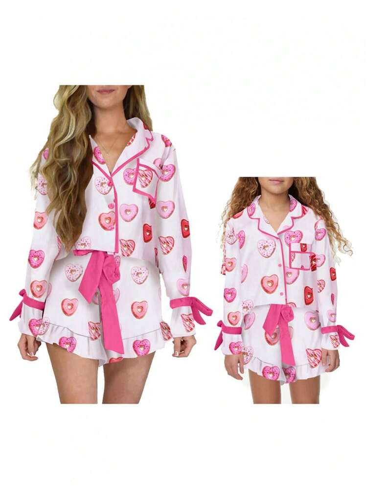 Mommy And Me Matching Pajama Set Heart Long Sleeve Button-Up Tops Tie-Up Bow Ruffled Shorts | SHEIN