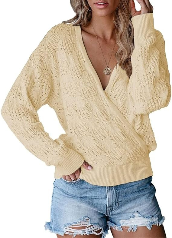 CHARTOU Women's Sexy V-Neck Crochet Knit Crossover Wrap Pullover Sweater | Amazon (US)