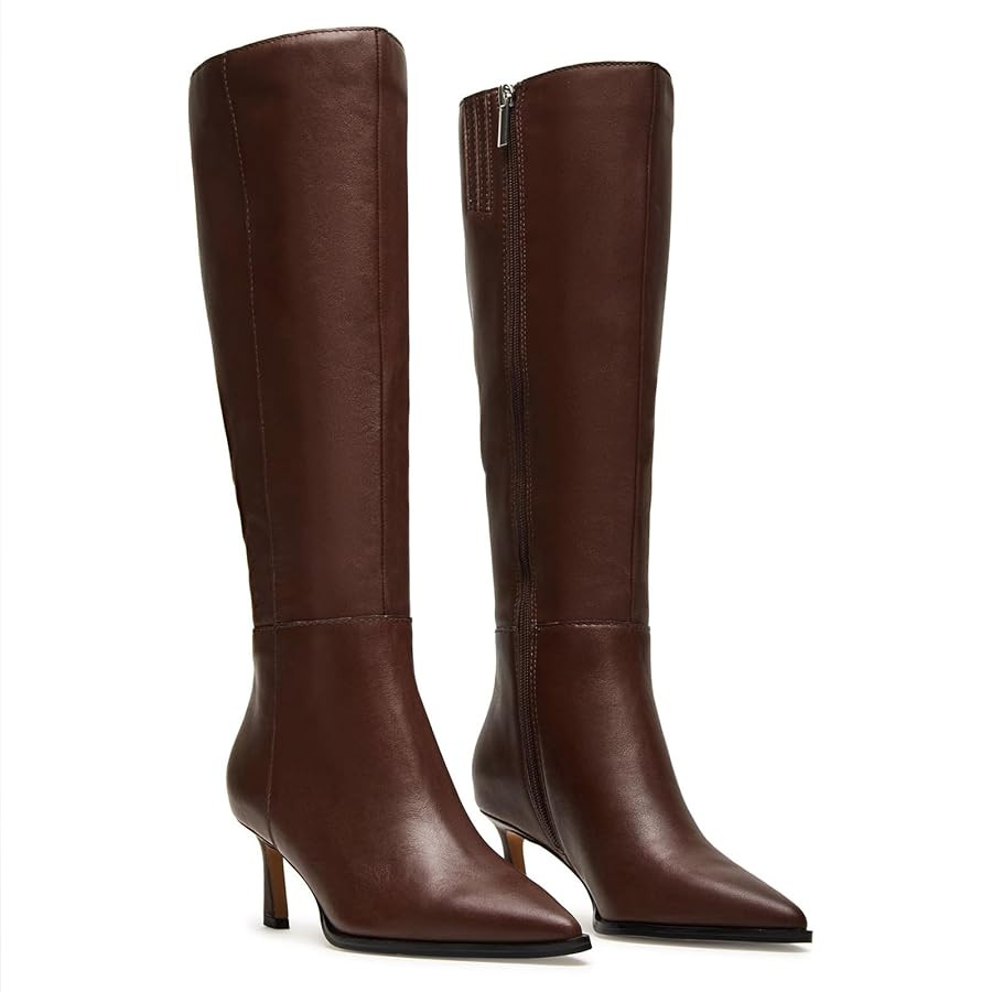 MICIFA Burgundy Kitten Heel Knee High Boots for Women Side Zipper Tall Leather Boots Pointed Toe ... | Amazon (US)