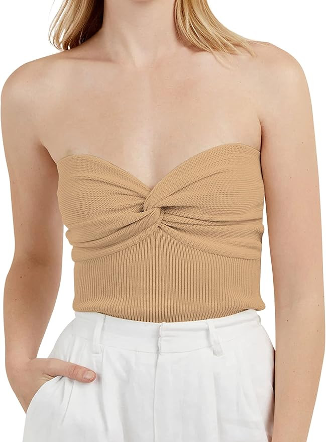 MISSACTIVER Women’s Sexy Twist Front Knitted Tube Top Strapless Solid Ruched Rib-Knit Crop Top ... | Amazon (US)