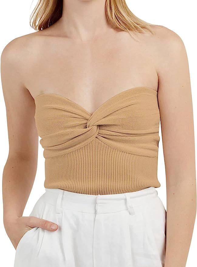 MISSACTIVER Women’s Sexy Twist Front Knitted Tube Top Strapless Solid Ruched Rib-Knit Crop Top ... | Amazon (US)