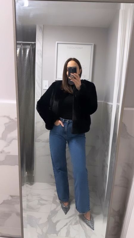 Date night fit featuring my faux fur cropped jacket, loose jeans & Amazon top!!!! Found similar faux fur jackets as this one is old! Jeans are true to size 