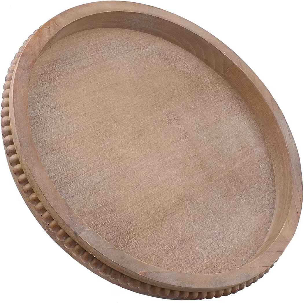 Wood Decorative Serving Tray with Bead, Round Vintage Wooden Ottoman Tray for Home Centerpiece, C... | Amazon (US)