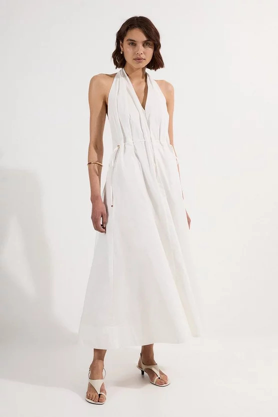 Cotton Ruched Waist Woven Midi Dress | Karen Millen UK + IE + DE + NL