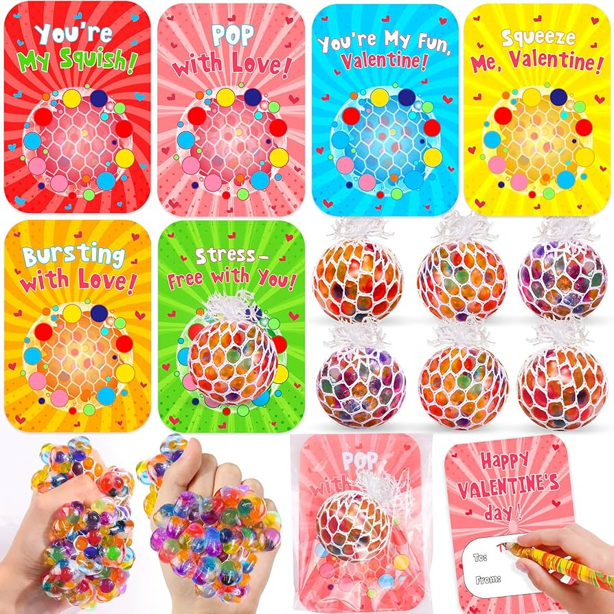 24 Pack Valentines Day Gifts for Kids Classroom Fidget Stress Balls with Valentines Cards for Kid... | Amazon (US)